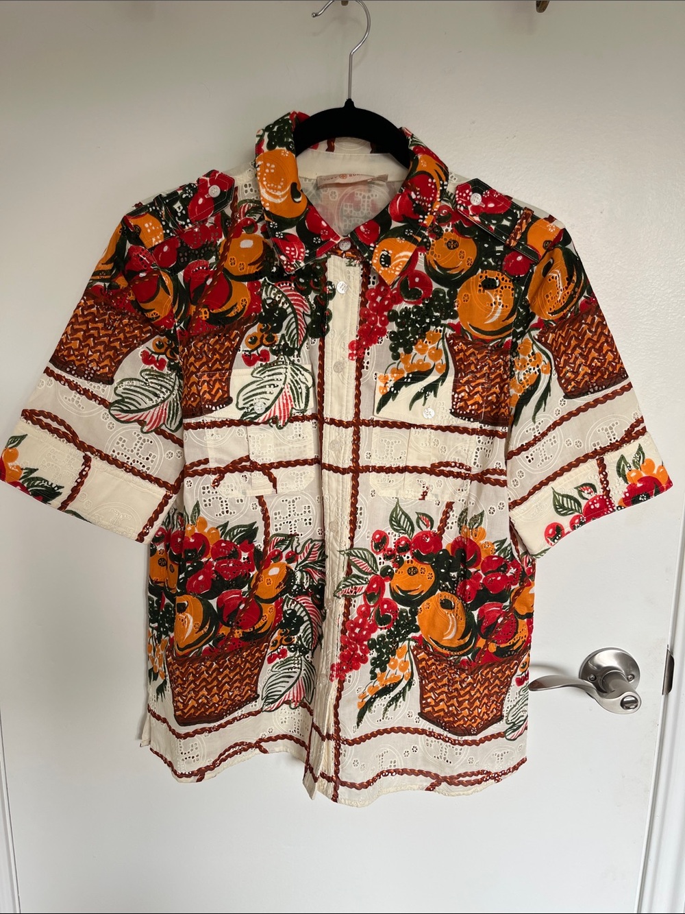 Tory Burch Cream Short-Sleeve Button-Down with Orange & Red Fruit Basket Print